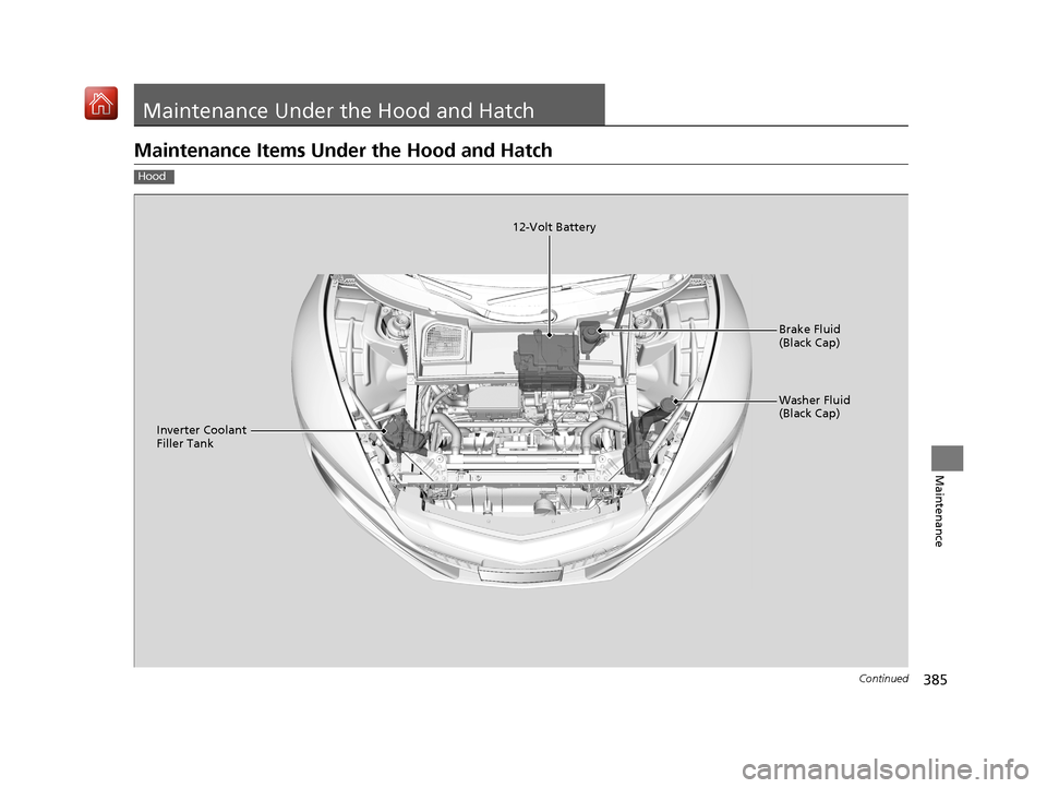 Acura NSX 2018  Owners Manual 385Continued
Maintenance
Maintenance Under the Hood and Hatch
Maintenance Items Under the Hood and Hatch
Hood
Brake Fluid 
(Black Cap)
Washer Fluid 
(Black Cap)
12-Volt Battery
Inverter Coolant 
Fille