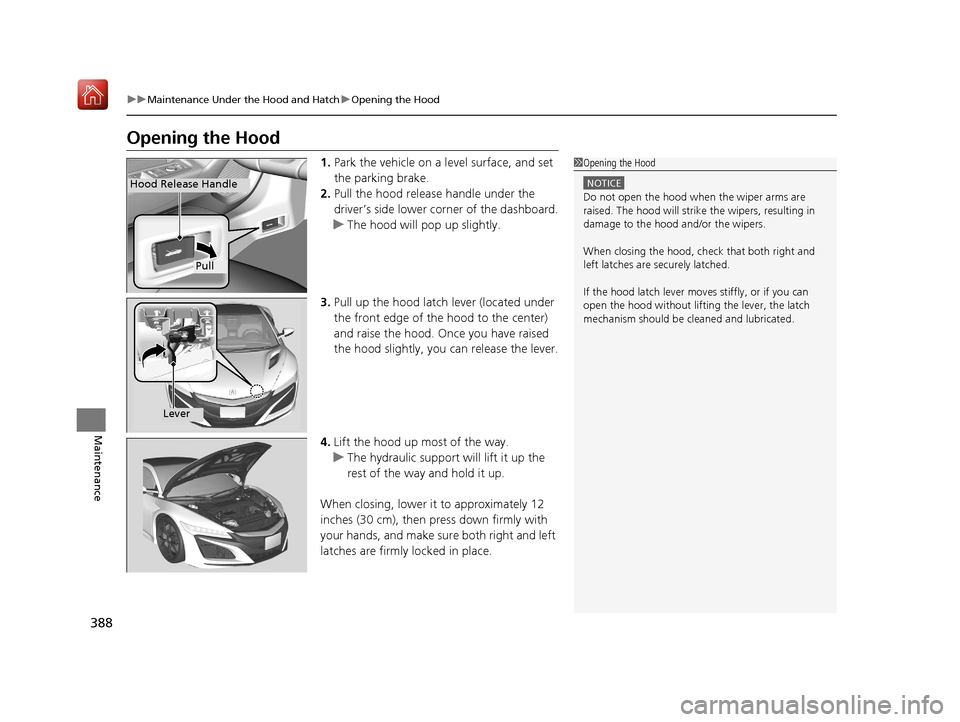 Acura NSX 2018 User Guide 388
uuMaintenance Under the Hood and Hatch uOpening the Hood
Maintenance
Opening the Hood
1. Park the vehicle on a level surface, and set 
the parking brake.
2. Pull the hood release handle under the 