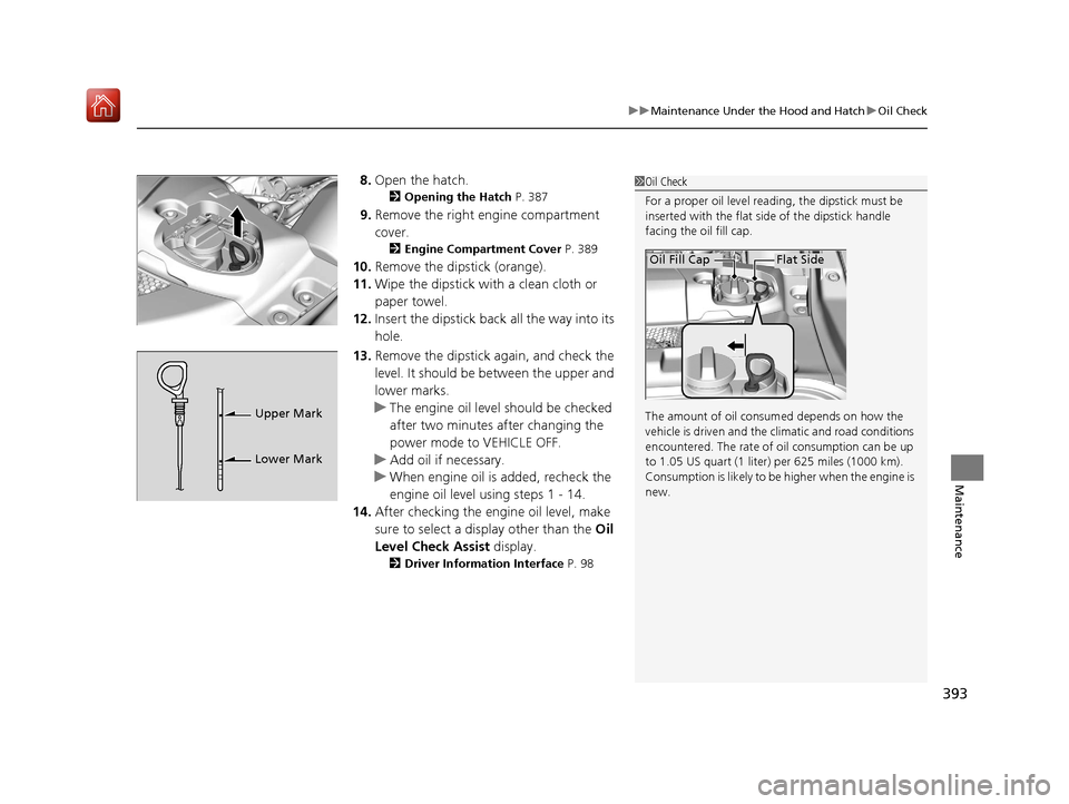 Acura NSX 2018  Owners Manual 393
uuMaintenance Under the Hood and Hatch uOil Check
Maintenance
8. Open the hatch.
2 Opening the Hatch  P. 387
9.Remove the right engine compartment 
cover.
2 Engine Compartment Cover  P. 389
10.Rem