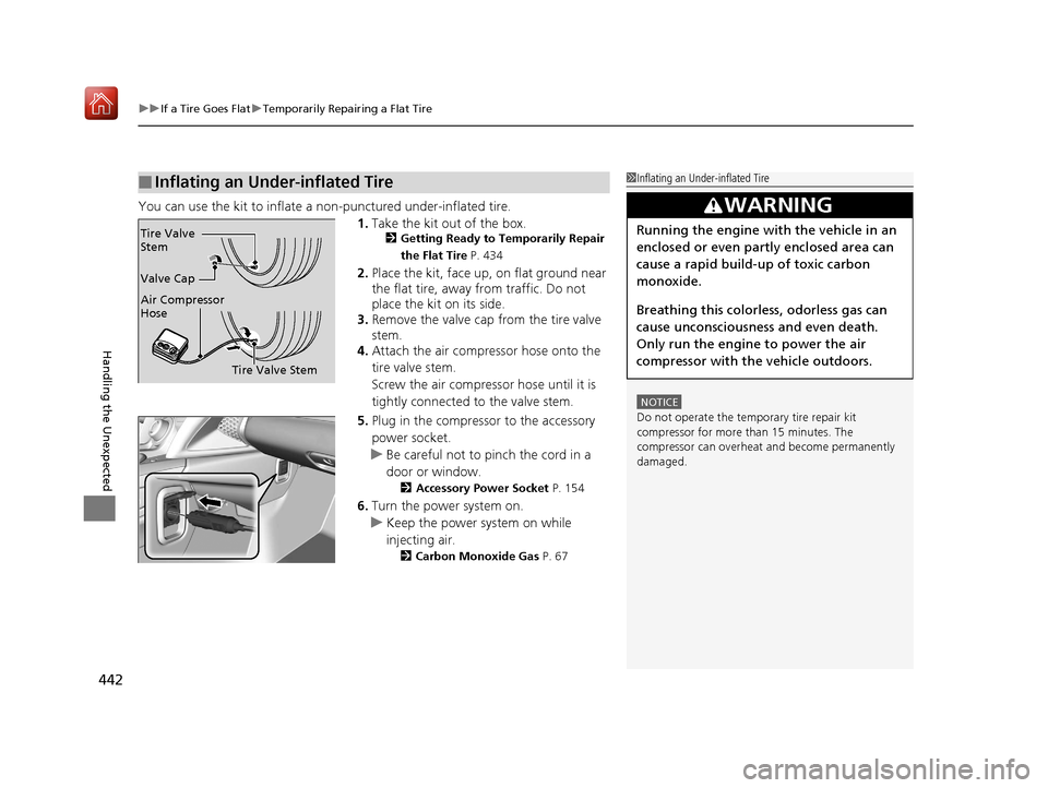 Acura NSX 2018  Owners Manual uuIf a Tire Goes Flat uTemporarily Repairing a Flat Tire
442
Handling the Unexpected
You can use the kit to inflate a  non-punctured under-inflated tire.
1.Take the kit out of the box.
2 Getting Ready