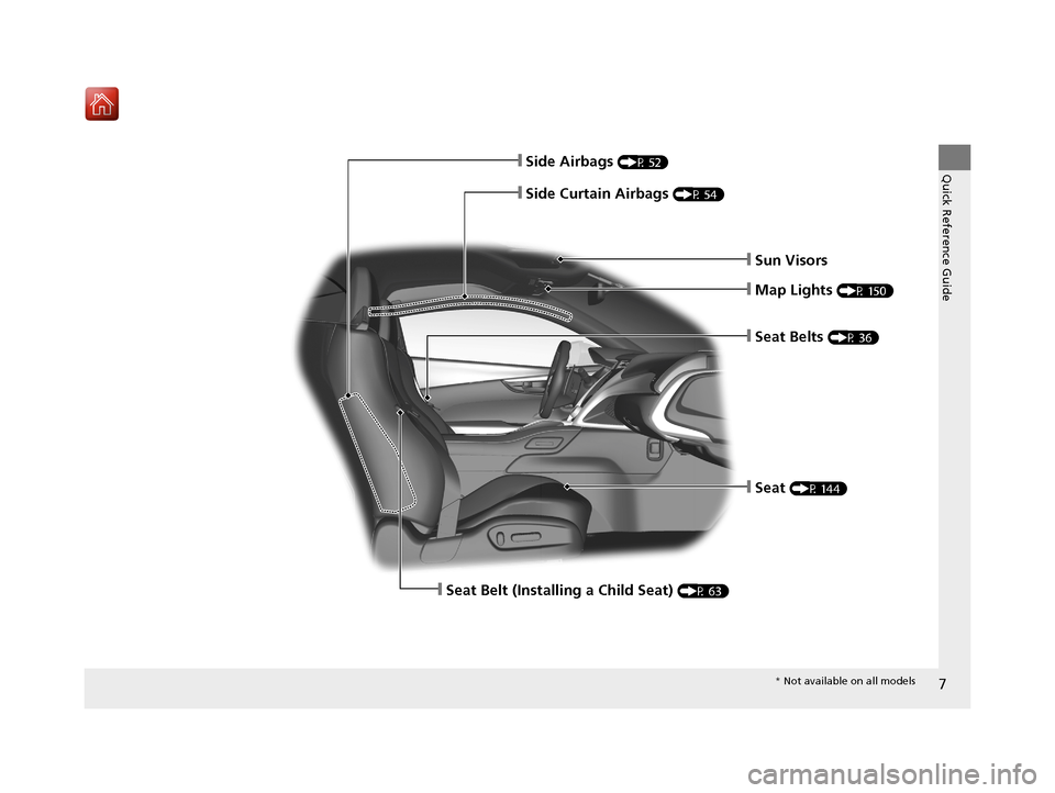 Acura NSX 2018 Owners Manual 7
Quick Reference Guide❙Side Airbags (P 52)
❙Side Curtain Airbags (P 54)
❙Seat Belts (P 36)
❙Seat (P 144)
❙Sun Visors
❙Map Lights (P 150)
❙Seat Belt (Installing a Child Seat) (P 63)
* No Acura NSX 2018 Owners Manual 7
Quick Reference Guide❙Side Airbags (P 52)
❙Side Curtain Airbags (P 54)
❙Seat Belts (P 36)
❙Seat (P 144)
❙Sun Visors
❙Map Lights (P 150)
❙Seat Belt (Installing a Child Seat) (P 63)
* No