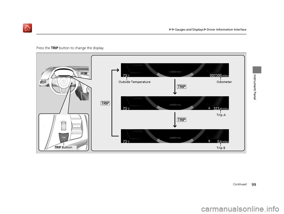 Acura NSX 2018 Owners Manual 99
uuGauges and Displays uDriver Information Interface
Continued
Instrument Panel
Press the  TRIP button to change the display.
Odometer
Trip A
Trip B
TRIP Button
Outside Temperature
18 NSX-31T6N6100.