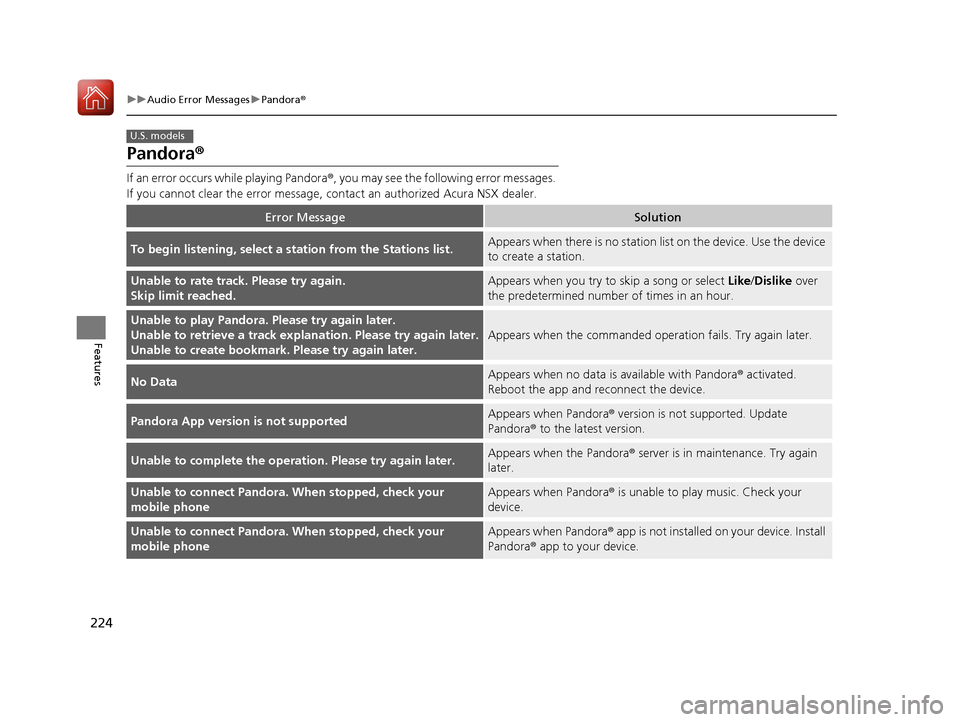 Acura NSX 2017  Owners Manual 224
uuAudio Error Messages uPandora®
Features
Pandora ®
If an error occurs  while playing Pandora ®, you may see the following error messages. 
If you cannot clear the error message, c ontact an au