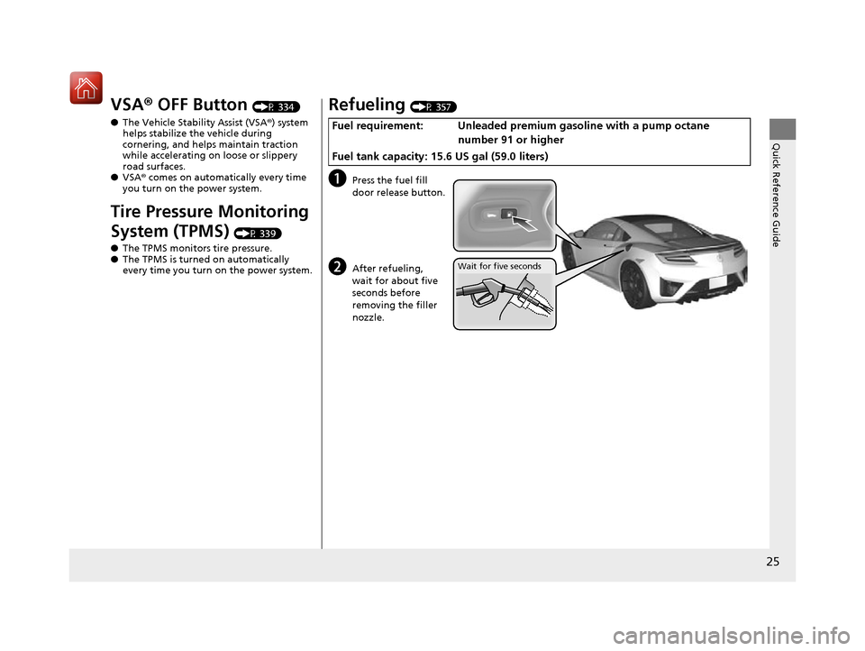 Acura NSX 2017 Owners Manual 25
Quick Reference Guide
VSA® OFF Button (P 334)
● The Vehicle Stability Assist (VSA® ) system
helps stabilize the vehicle during
cornering, and helps maintain traction
while accelerating on lo Acura NSX 2017 Owners Manual 25
Quick Reference Guide
VSA® OFF Button (P 334)
● The Vehicle Stability Assist (VSA® ) system
helps stabilize the vehicle during
cornering, and helps maintain traction
while accelerating on lo