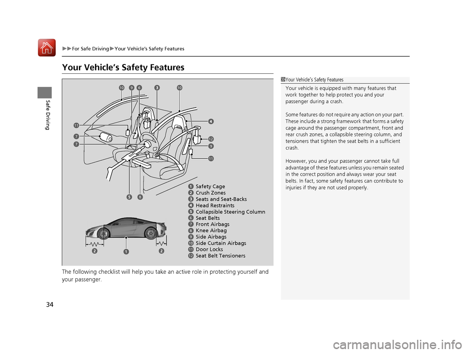 Acura NSX 2017 Owners Guide 34
uuFor Safe Driving uYour Vehicle’s Safety Features
Safe Driving
Your Vehicle’s Safety Features
The following checklist will help you take an active role  in protecting yourself and 
your passen