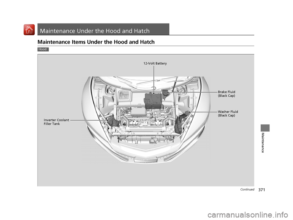 Acura NSX 2017  Owners Manual 371Continued
Maintenance
Maintenance Under the Hood and Hatch
Maintenance Items Under the Hood and Hatch
Hood
Brake Fluid 
(Black Cap)
Washer Fluid 
(Black Cap)
12-Volt Battery
Inverter Coolant 
Fille