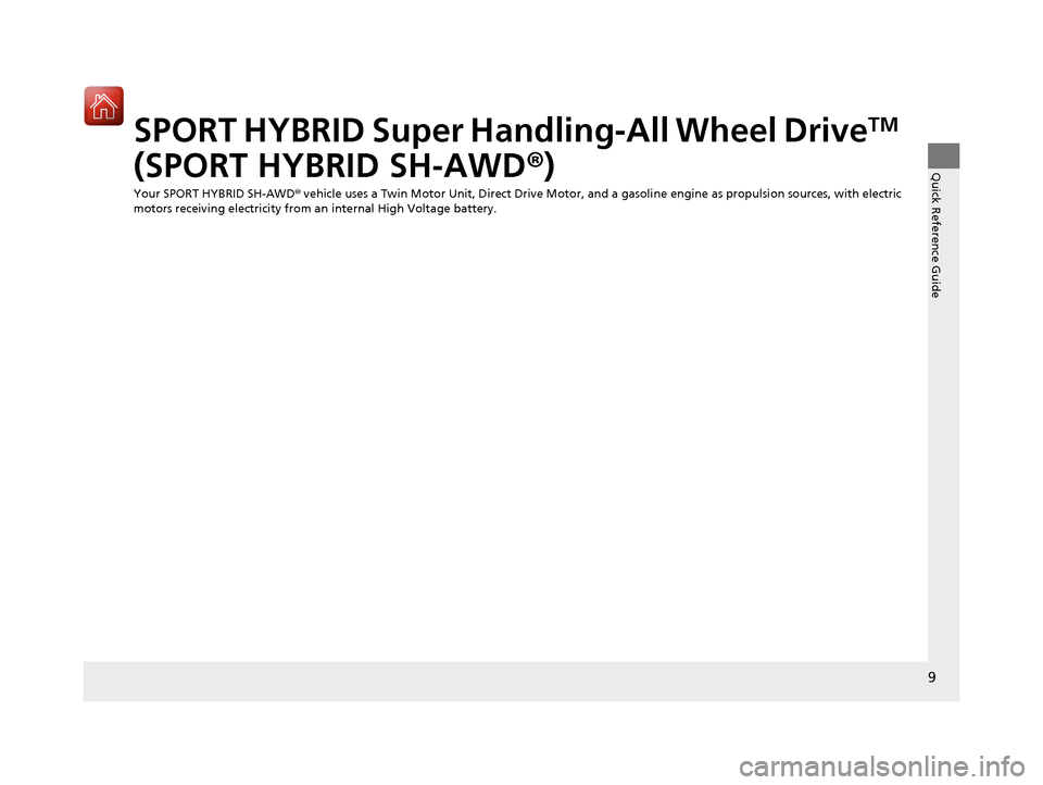 Acura NSX 2017  Owners Manual 9
Quick Reference Guide
SPORT HYBRID Super Handling-All Wheel DriveTM 
(SPORT HYBRID SH-AWD ®)
Your SPORT HYBRID SH-AWD ® vehicle uses a Twin Motor Unit, Direct Drive Motor, and a gasoline engine as