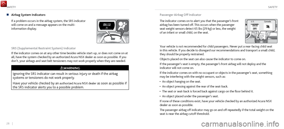 Acura NSX 2017 Owners Guide 28 || 29
SAFETYSAFETY
n Airbag System Indicators
If a problem occurs in
the airbag system, the SRS indicator
will come on and a message appears on the multi-
information display.
SRS (Suppleme Acura NSX 2017 Owners Guide 28 || 29
SAFETYSAFETY
n Airbag System Indicators
If a problem occurs in
the airbag system, the SRS indicator
will come on and a message appears on the multi-
information display.
SRS (Suppleme