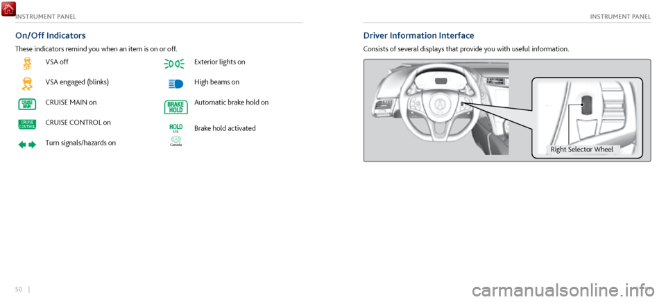 Acura NSX 2017 Owners Guide 50 || 51
INSTRUMENT PANELINSTRUMENT PANEL
VSA off
VSA engaged (blinks)
CRUISE MAIN on
CRUISE CONTROL on
Turn signals/hazards on
Exterior lights on
High beams on
Automatic brake hold on
Canada
U. Acura NSX 2017 Owners Guide 50 || 51
INSTRUMENT PANELINSTRUMENT PANEL
VSA off
VSA engaged (blinks)
CRUISE MAIN on
CRUISE CONTROL on
Turn signals/hazards on
Exterior lights on
High beams on
Automatic brake hold on
Canada
U.