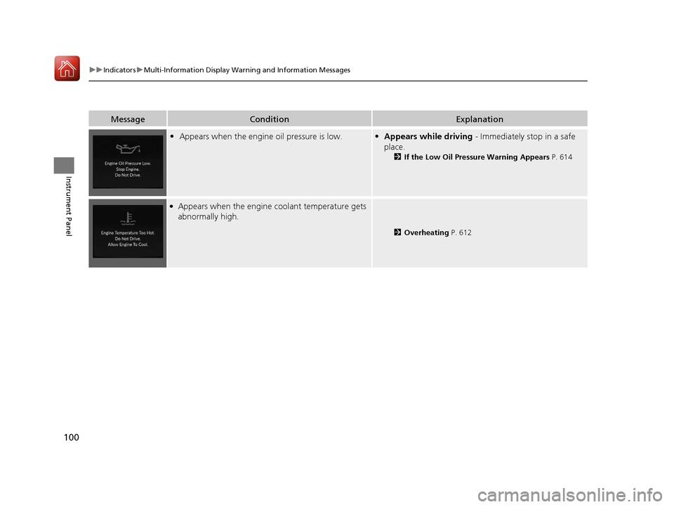 Acura RDX 2020  Owners Manual 100
uuIndicators uMulti-Information Display Warn ing and Information Messages
Instrument Panel
MessageConditionExplanation
•Appears when the engine oil pressure is low.•Appears while driving  - Im