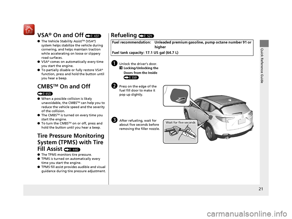 Acura RDX 2020  Owners Manual 21
Quick Reference Guide
VSA® On and Off (P 437)
● The Vehicle Stability Assist
TM (VSA® ) 
system helps stabilize the vehicle during 
cornering, and helps maintain traction 
while accelerating on