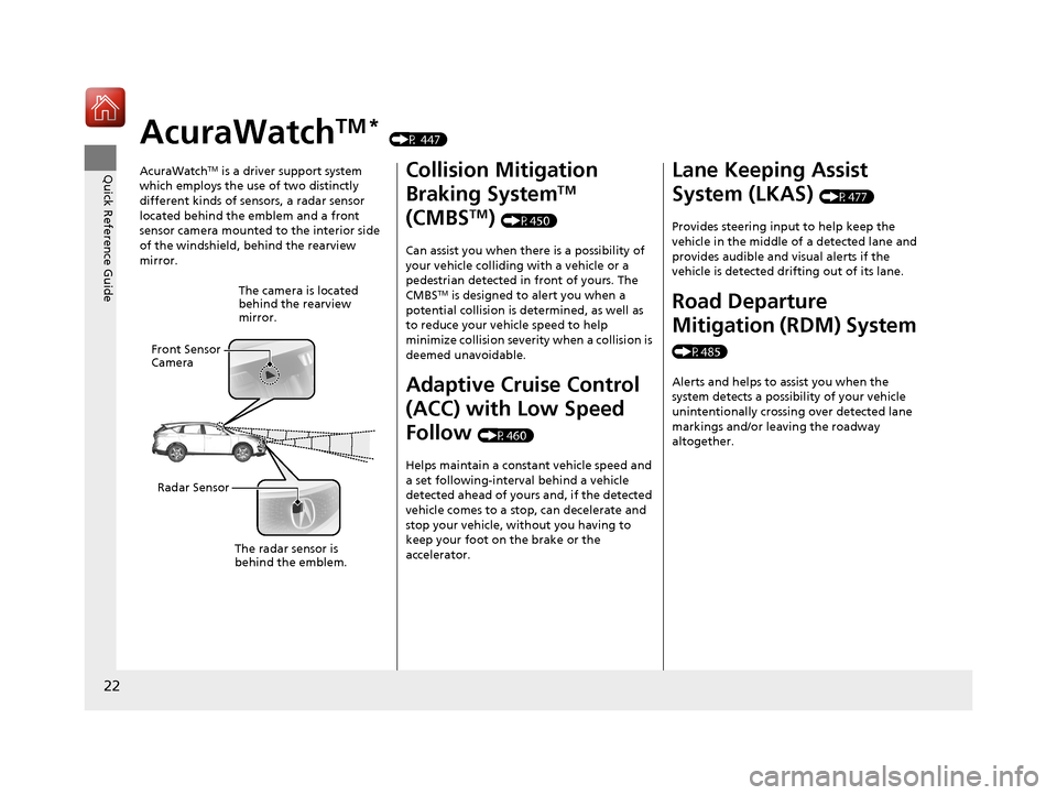 Acura RDX 2020  Owners Manual 22
Quick Reference Guide
AcuraWatchTM * (P 447)
AcuraWatch
TM is a driver support system 
which employs the use of two distinctly 
different kinds of sensors, a radar sensor 
located behind the emblem