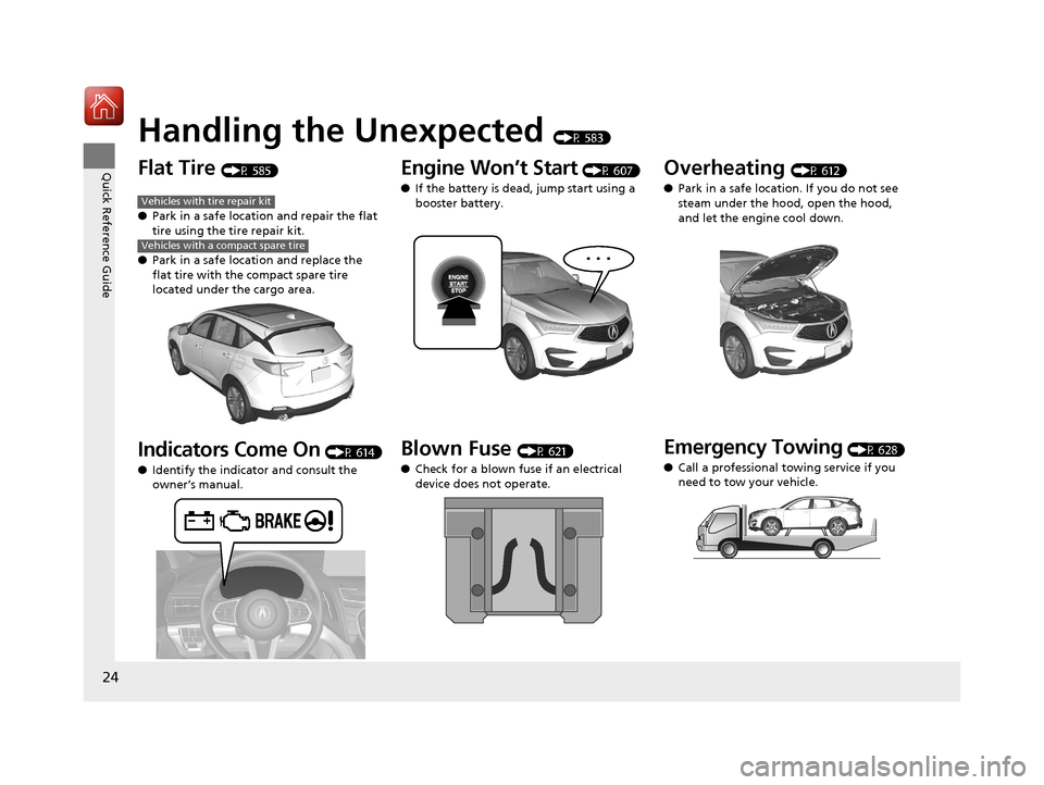 Acura RDX 2020  Owners Manual 24
Quick Reference Guide
Handling the Unexpected (P 583)
Flat Tire (P 585)
● Park in a safe location and repair the flat 
tire using the tire repair kit.
● Park in a safe location and replace the 