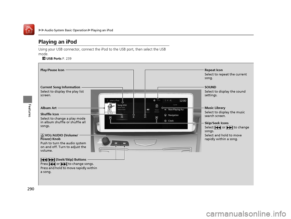 Acura RDX 2020 Manual PDF 290
uuAudio System Basic Operation uPlaying an iPod
Features
Playing an iPod
Using your USB connector, connect the iPod to the USB port, then select the USB
mode.
2 USB Ports P. 239
Repeat Icon
Sele Acura RDX 2020 Manual PDF 290
uuAudio System Basic Operation uPlaying an iPod
Features
Playing an iPod
Using your USB connector, connect the iPod to the USB port, then select the USB
mode.
2 USB Ports P. 239
Repeat Icon
Sele