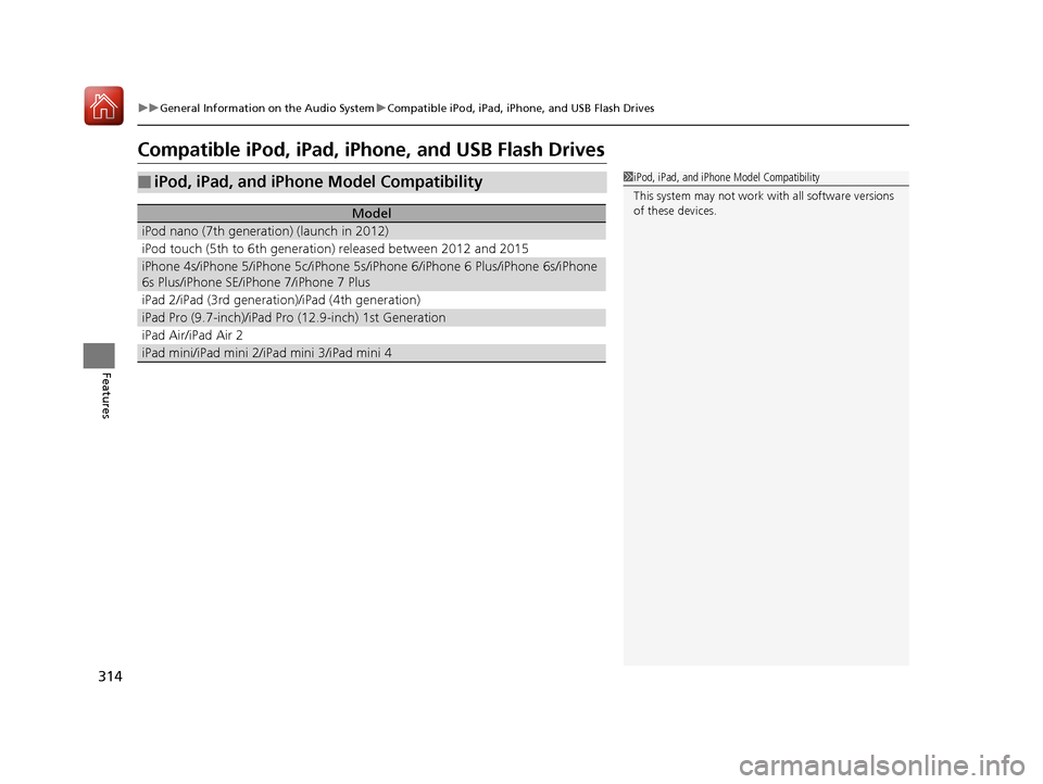 Acura RDX 2020 Owners Manual 314
uuGeneral Information on the Audio System uCompatible iPod, iPad, iPhone, and USB Flash Drives
Features
Compatible iPod, iPad, iPhone, and USB Flash Drives
■iPod, iPad, and iPhone Model Compatib Acura RDX 2020 Owners Manual 314
uuGeneral Information on the Audio System uCompatible iPod, iPad, iPhone, and USB Flash Drives
Features
Compatible iPod, iPad, iPhone, and USB Flash Drives
■iPod, iPad, and iPhone Model Compatib