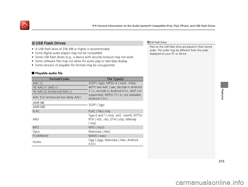 Acura RDX 2020 Owners Manual 315
uuGeneral Information on the Audio System uCompatible iPod, iPad, iPhone, and USB Flash Drives
Features
• A USB flash drive of 256 MB or higher is recommended.
• Some digital audio players may Acura RDX 2020 Owners Manual 315
uuGeneral Information on the Audio System uCompatible iPod, iPad, iPhone, and USB Flash Drives
Features
• A USB flash drive of 256 MB or higher is recommended.
• Some digital audio players may