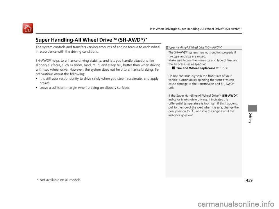Acura RDX 2020 User Guide 439
uuWhen Driving uSuper Handling-All Wheel DriveTM (SH-AWD ®)*
Driving
Super Handling-All Wheel DriveTM (SH-AWD ®)*
The system controls and trans fers varying amounts of engine torque to each whee