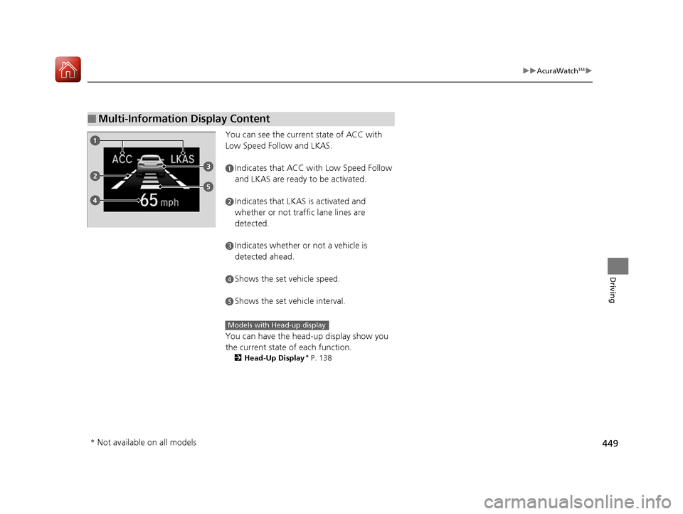 Acura RDX 2020 Owners Manual 449
uuAcuraWatchTMu
Driving
You can see the current state of ACC with
Low Speed Follow and LKAS.
You can have the head-up display show you
the current state of each function.
2Head-Up Display* P. 13 Acura RDX 2020 Owners Manual 449
uuAcuraWatchTMu
Driving
You can see the current state of ACC with
Low Speed Follow and LKAS.
You can have the head-up display show you
the current state of each function.
2Head-Up Display* P. 13