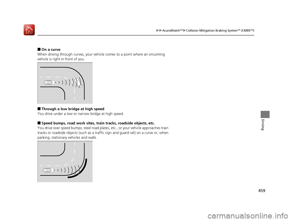 Acura RDX 2020 Owners Manual 459
uuAcuraWatchTMuCollision Mitigation Braking SystemTM (CMBSTM)
Driving
■On a curve
When driving through curves, your vehicle comes to a point where an oncoming
vehicle is right in front of you.
Acura RDX 2020 Owners Manual 459
uuAcuraWatchTMuCollision Mitigation Braking SystemTM (CMBSTM)
Driving
■On a curve
When driving through curves, your vehicle comes to a point where an oncoming
vehicle is right in front of you.