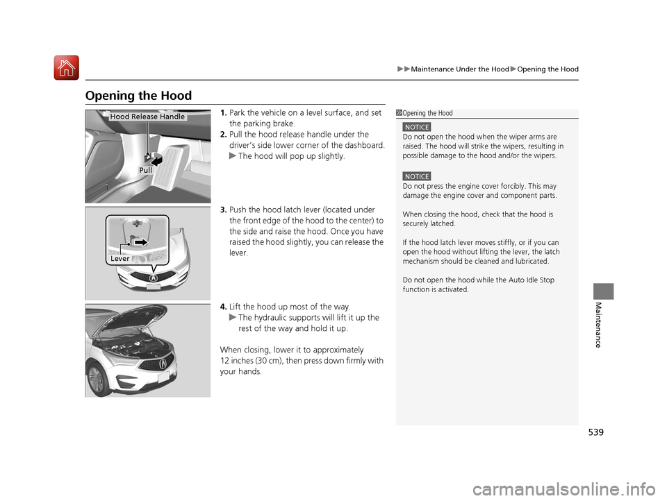 Acura RDX 2020 Owners Guide 539
uuMaintenance Under the Hood uOpening the Hood
Maintenance
Opening the Hood
1. Park the vehicle on a level surface, and set 
the parking brake.
2. Pull the hood release handle under the 
driver’