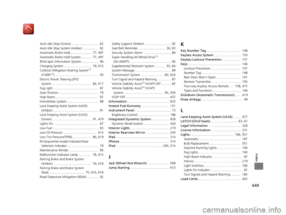 Acura RDX 2020 Owners Guide 649
Index
Auto Idle Stop (Green) ..............................  82
Auto Idle Stop System (Amber) .................  82
Automatic Brake Hold .......................  77, 497
Automatic Brake Hold Syste