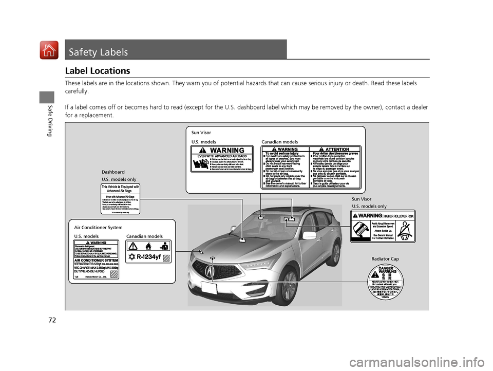 Acura RDX 2020  Owners Manual 72
Safe Driving
Safety Labels
Label Locations
These labels are in the locations shown. They warn you of potential hazards that  can cause serious injury or death. Read these labels 
carefully.
If a la