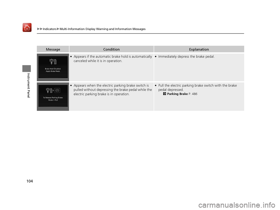 Acura RDX 2019  Owners Manual 104
uuIndicators uMulti-Information Display Warn ing and Information Messages
Instrument Panel
MessageConditionExplanation
●Appears if the automatic brake hold is automatically 
canceled while it is