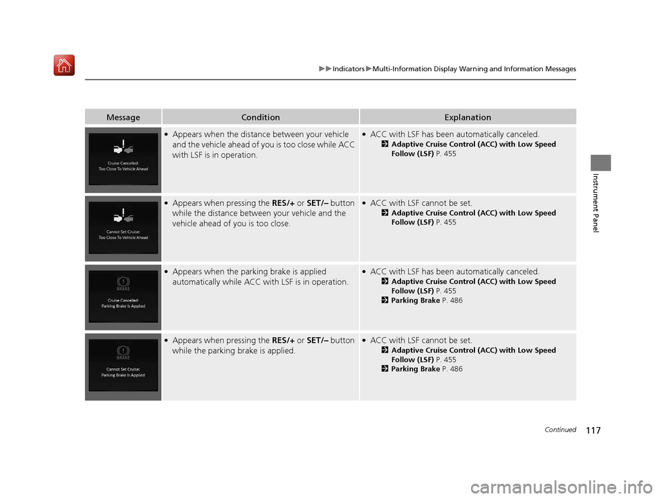 Acura RDX 2019 Owners Manual 117
uuIndicators uMulti-Information Display Warning and Information Messages
Continued
Instrument Panel
MessageConditionExplanation
●Appears when the distance between your vehicle
and the vehicle a Acura RDX 2019 Owners Manual 117
uuIndicators uMulti-Information Display Warning and Information Messages
Continued
Instrument Panel
MessageConditionExplanation
●Appears when the distance between your vehicle
and the vehicle a