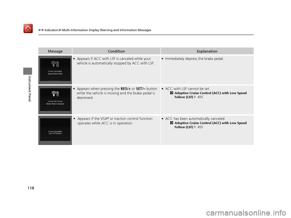 Acura RDX 2019  Owners Manual 118
uuIndicators uMulti-Information Display Warn ing and Information Messages
Instrument Panel
MessageConditionExplanation
●Appears if ACC with LSF is canceled while your 
vehicle is automatically s