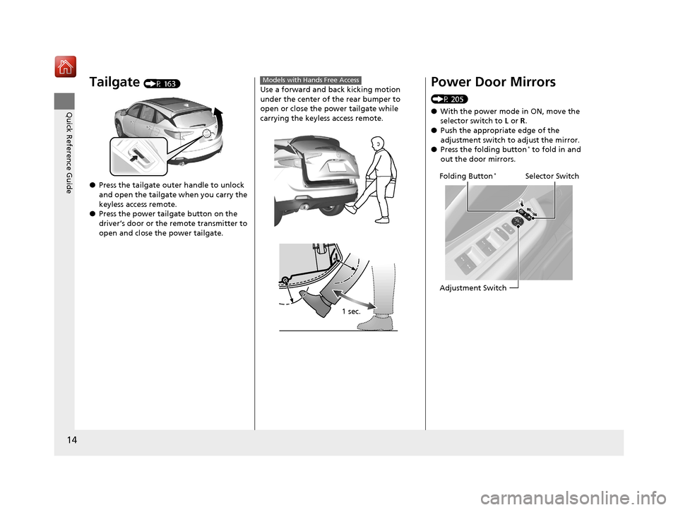 Acura RDX 2019  Owners Manual 14
Quick Reference Guide
Tailgate (P 163)
● Press the tailgate outer handle to unlock 
and open the tailgate when you carry the 
keyless access remote.
● Press the power tailgate button on the 
dr