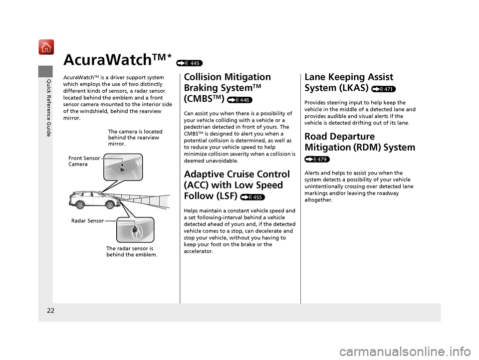Acura RDX 2019  Owners Manual 22
Quick Reference Guide
AcuraWatchTM * (P 445)
AcuraWatch
TM is a driver support system 
which employs the use of two distinctly 
different kinds of sensors, a radar sensor 
located behind the emblem