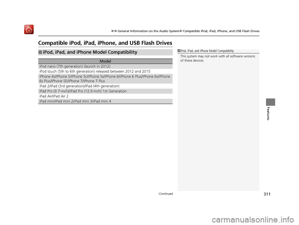 Acura RDX 2019 Owners Manual 311
uuGeneral Information on the Audio System uCompatible iPod, iPad, iPhone, and USB Flash Drives
Continued
Features
Compatible iPod, iPad, iP hone, and USB Flash Drives
■iPod, iPad, and iPhone Mod Acura RDX 2019 Owners Manual 311
uuGeneral Information on the Audio System uCompatible iPod, iPad, iPhone, and USB Flash Drives
Continued
Features
Compatible iPod, iPad, iP hone, and USB Flash Drives
■iPod, iPad, and iPhone Mod