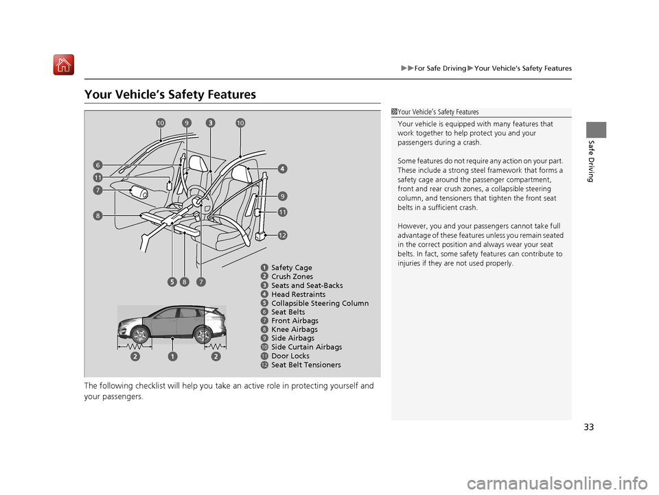 Acura RDX 2019 Owners Guide 33
uuFor Safe Driving uYour Vehicle’s Safety Features
Safe Driving
Your Vehicle’s Safety Features
The following checklist will help you take an active role in protecting yourself and
your passeng Acura RDX 2019 Owners Guide 33
uuFor Safe Driving uYour Vehicle’s Safety Features
Safe Driving
Your Vehicle’s Safety Features
The following checklist will help you take an active role in protecting yourself and
your passeng