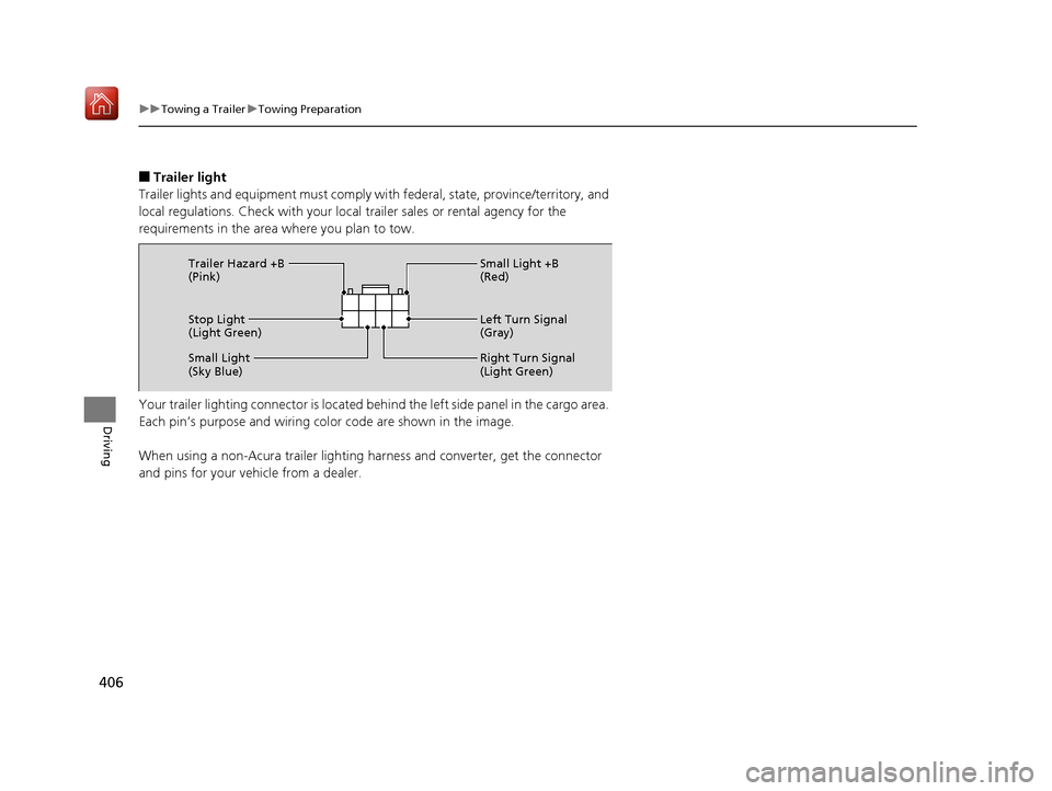 Acura RDX 2019  Owners Manual 406
uuTowing a Trailer uTowing Preparation
Driving
■Trailer light
Trailer lights and equipment must comply with  federal, state, province/territory, and 
local regulations. Check with your local  tr