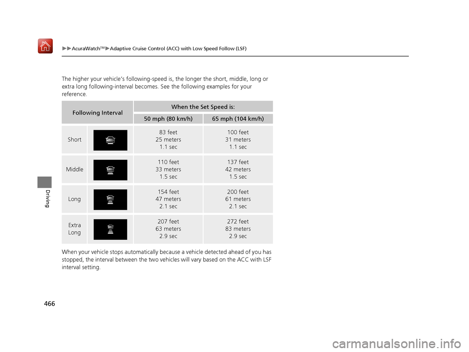Acura RDX 2019 Owners Manual 466
uuAcuraWatchTMuAdaptive Cruise Control (ACC) with Low Speed Follow (LSF)
Driving
The higher your vehicle’s following-speed is, the longer the short, middle, long or
extra long following-interv Acura RDX 2019 Owners Manual 466
uuAcuraWatchTMuAdaptive Cruise Control (ACC) with Low Speed Follow (LSF)
Driving
The higher your vehicle’s following-speed is, the longer the short, middle, long or
extra long following-interv