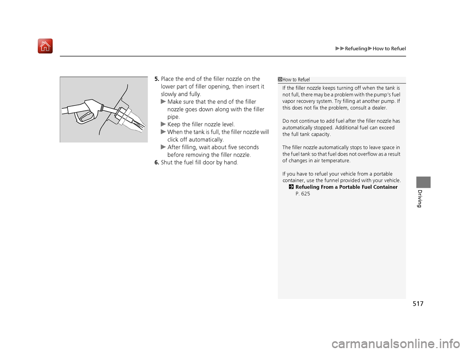 Acura RDX 2019  Owners Manual 517
uuRefueling uHow to Refuel
Driving
5. Place the end of the filler nozzle on the 
lower part of filler opening, then insert it 
slowly and fully.
u Make sure that the end of the filler 
nozzle goes