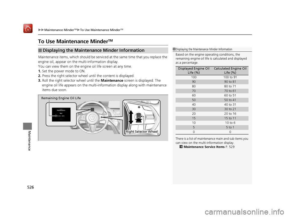 Acura RDX 2019 Owners Guide 526
uuMaintenance MinderTMuTo Use Maintenance MinderTM
Maintenance
To Use Maintenance MinderTM
Maintenance items, which should be serviced at the same time that you replace the
engine oil, appear on Acura RDX 2019 Owners Guide 526
uuMaintenance MinderTMuTo Use Maintenance MinderTM
Maintenance
To Use Maintenance MinderTM
Maintenance items, which should be serviced at the same time that you replace the
engine oil, appear on