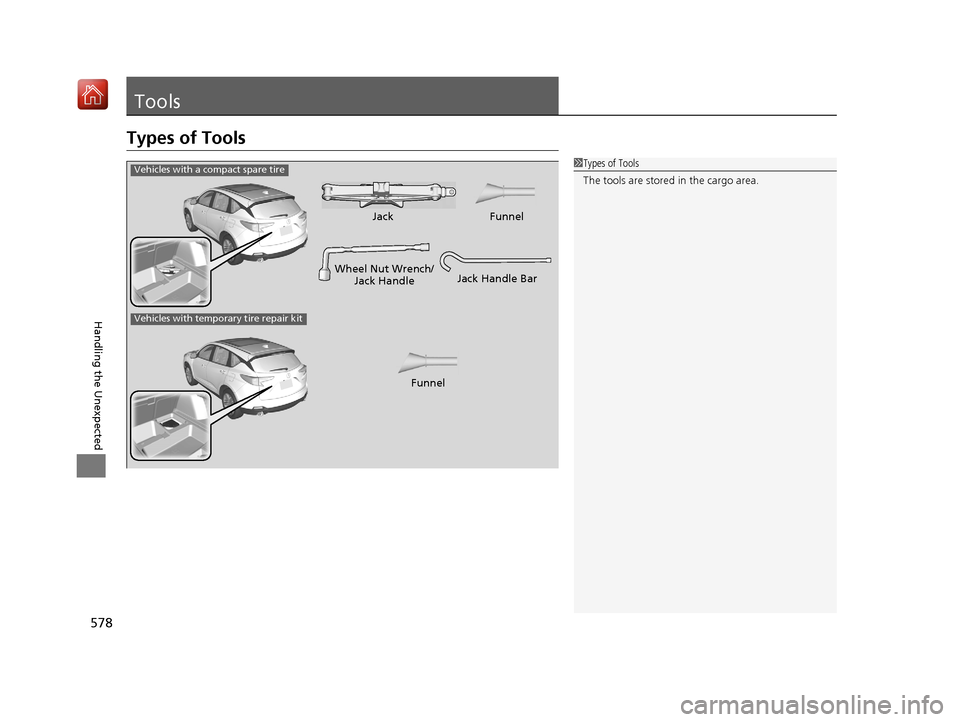 Acura RDX 2019  Owners Manual 578
Handling the Unexpected
Tools
Types of Tools
1Types of Tools
The tools are stored in the cargo area.
Wheel Nut Wrench/
Jack HandleJack
Jack Handle Bar
Vehicles with a compact spare tire
Vehicles w