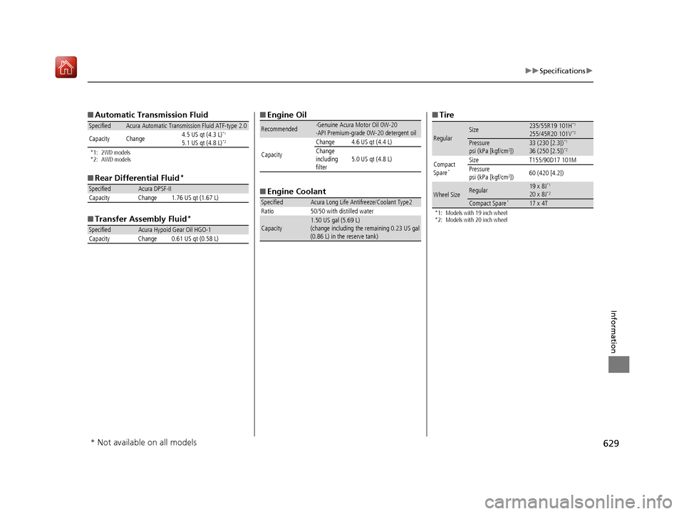Acura RDX 2019  Owners Manual 629
uuSpecifications u
Information
■Automatic Transmission Fluid
*1: 2WD models
*2: AWD models
■Rear Differential Fluid*
■Transfer Assembly Fluid*
SpecifiedAcura Automatic Transmission Fluid ATF