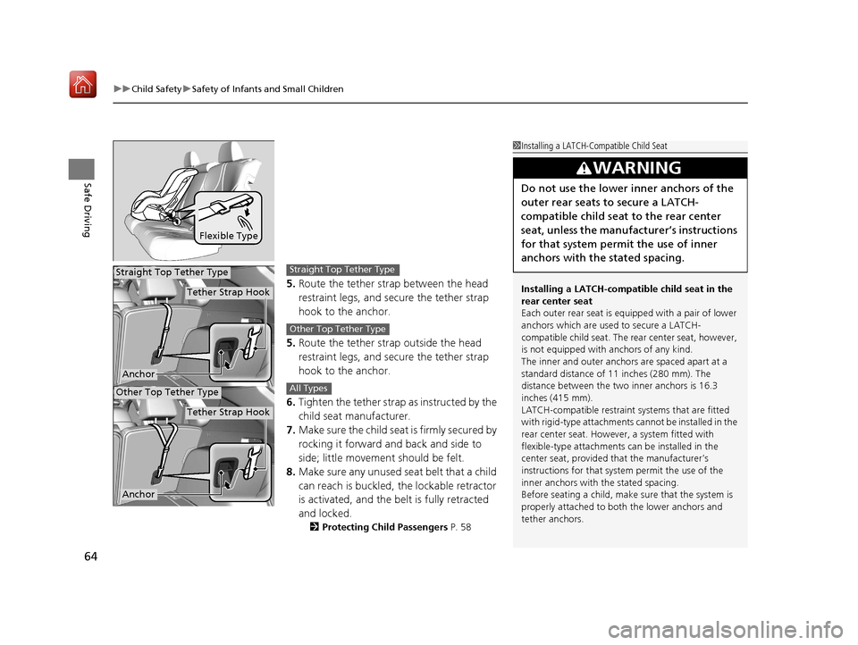 Acura RDX 2019  Owners Manual uuChild Safety uSafety of Infants and Small Children
64
Safe Driving
5. Route the tether strap between the head 
restraint legs, and secure the tether strap 
hook to the anchor.
5. Route the tether st