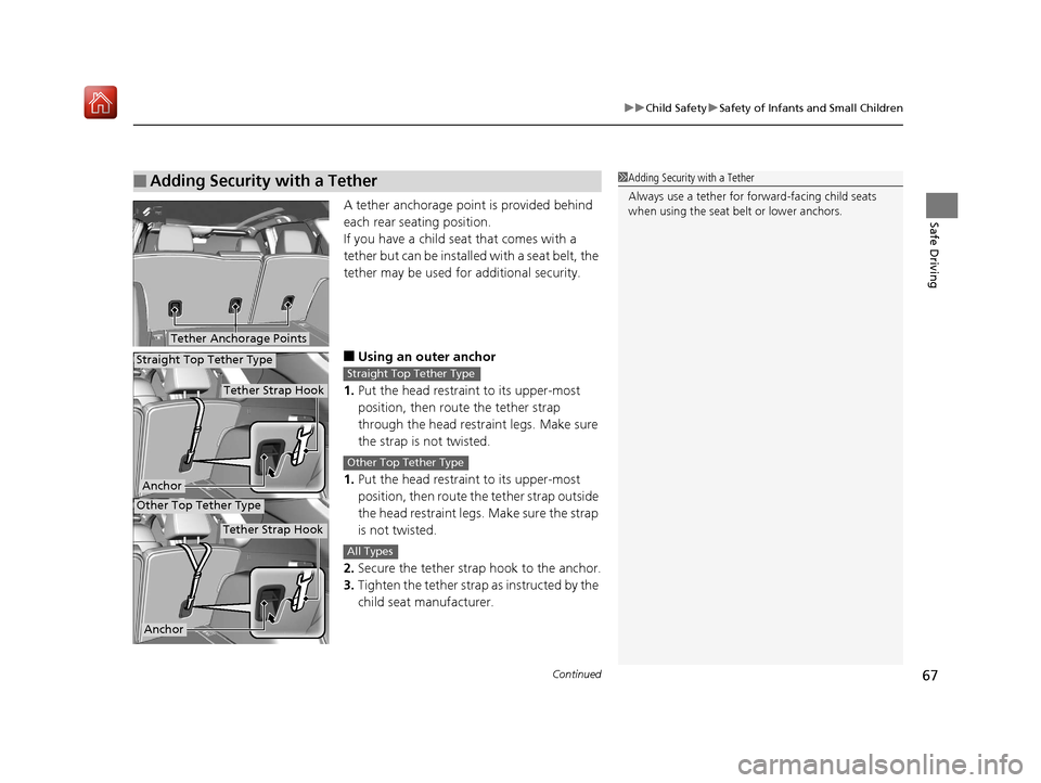 Acura RDX 2019 Repair Manual Continued67
uuChild Safety uSafety of Infants and Small Children
Safe DrivingA tether anchorage point is provided behind
each rear seating position.
If you have a child s eat that comes with a
tethe Acura RDX 2019 Repair Manual Continued67
uuChild Safety uSafety of Infants and Small Children
Safe DrivingA tether anchorage point is provided behind
each rear seating position.
If you have a child s eat that comes with a
tethe