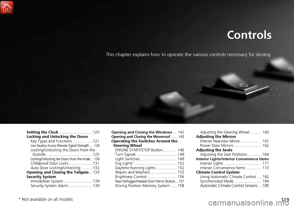 Acura RDX 2018 Owners Guide 119
Controls
This chapter explains how to operate the various controls necessary for driving.
Setting the Clock.............................. 120
Locking and Unlocking the Doors Key Types and Function Acura RDX 2018 Owners Guide 119
Controls
This chapter explains how to operate the various controls necessary for driving.
Setting the Clock.............................. 120
Locking and Unlocking the Doors Key Types and Function