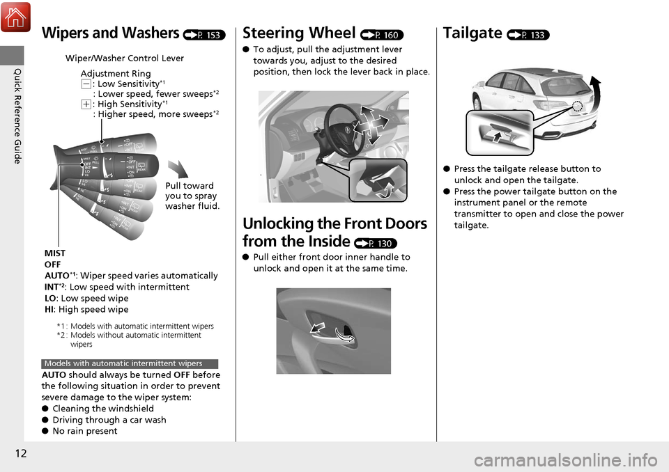 Acura RDX 2018  Owners Manual 12
Quick Reference Guide
Wipers and Washers (P 153)
AUTO  should always be turned OFF  before 
the following situation  in order to prevent 
severe damage to the wiper system:
● Cleaning the windshi