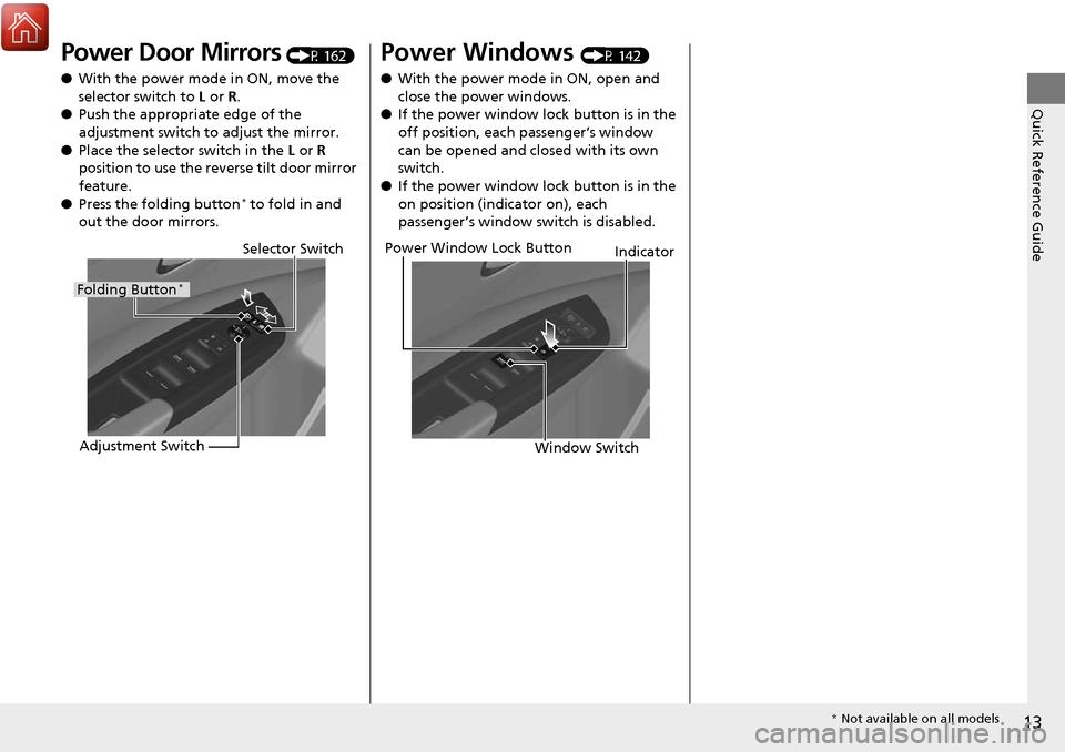 Acura RDX 2018  Owners Manual 13
Quick Reference Guide
Power Door Mirrors (P 162)
● With the power mode in ON, move the 
selector switch to  L or R .
● Push the appropriate edge of the 
adjustment switch to adjust the mirror.
