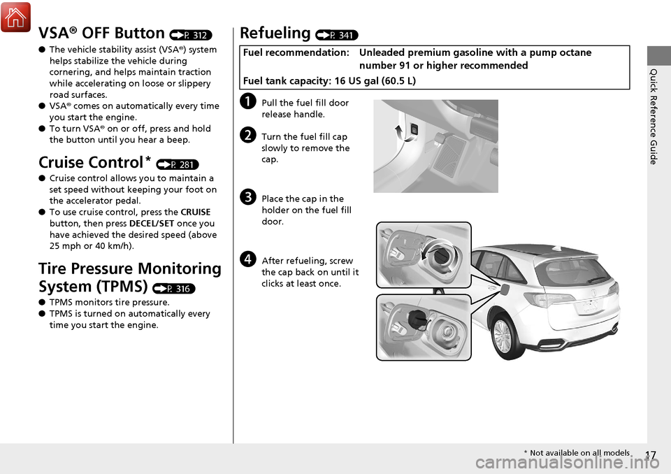 Acura RDX 2018 Owners Manual 17
Quick Reference Guide
VSA® OFF Button (P 312)
● The vehicle stability assist (VSA® ) system
helps stabilize the vehicle during
cornering, and helps maintain traction
while accelerating on lo Acura RDX 2018 Owners Manual 17
Quick Reference Guide
VSA® OFF Button (P 312)
● The vehicle stability assist (VSA® ) system
helps stabilize the vehicle during
cornering, and helps maintain traction
while accelerating on lo