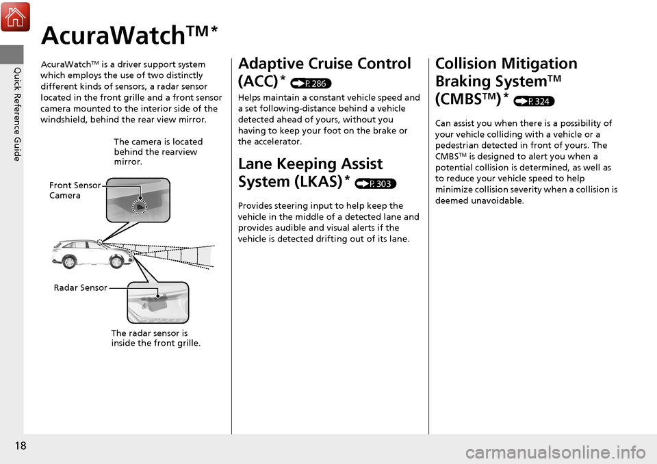 Acura RDX 2018 Owners Manual 18
Quick Reference Guide
AcuraWatchTM *
AcuraWatchTM is a driver support system
which employs the use of two distinctly
different kinds of sensors, a radar sensor
located in the front grille and a Acura RDX 2018 Owners Manual 18
Quick Reference Guide
AcuraWatchTM *
AcuraWatchTM is a driver support system
which employs the use of two distinctly
different kinds of sensors, a radar sensor
located in the front grille and a