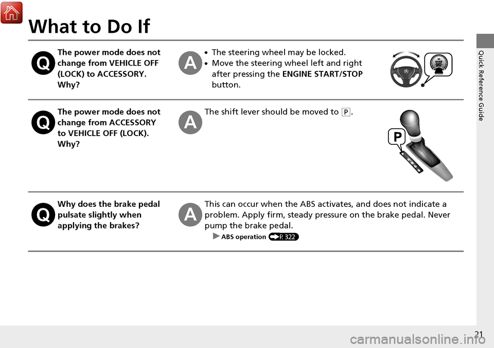 Acura RDX 2018 Owners Manual 21
Quick Reference Guide
What to Do If
The power mode does not
change from VEHICLE OFF
(LOCK) to ACCESSORY.
Why?●The steering wheel may be locked.
●Move the steering wheel left and right
after Acura RDX 2018 Owners Manual 21
Quick Reference Guide
What to Do If
The power mode does not
change from VEHICLE OFF
(LOCK) to ACCESSORY.
Why?●The steering wheel may be locked.
●Move the steering wheel left and right
after