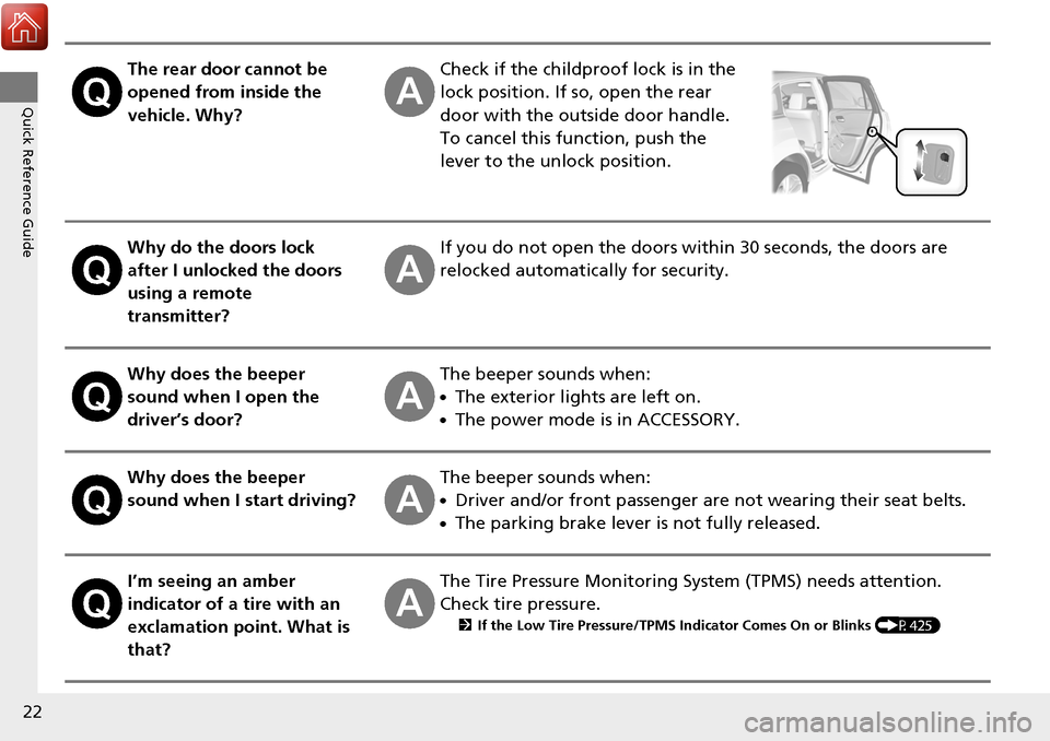Acura RDX 2018 Owners Manual 22
Quick Reference Guide
The rear door cannot be
opened from inside the
vehicle. Why?Check if the childproof lock is in the
lock position. If so, open the rear
door with the outside door handle.
T Acura RDX 2018 Owners Manual 22
Quick Reference Guide
The rear door cannot be
opened from inside the
vehicle. Why?Check if the childproof lock is in the
lock position. If so, open the rear
door with the outside door handle.
T