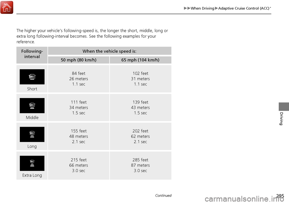 Acura RDX 2018 Owners Manual 295
uuWhen Driving uAdaptive Cruise Control (ACC)*
Continued
Driving
The higher your vehicle’s following-speed is, the longer the short, middle, long or
extra long following-interval becomes. See t Acura RDX 2018 Owners Manual 295
uuWhen Driving uAdaptive Cruise Control (ACC)*
Continued
Driving
The higher your vehicle’s following-speed is, the longer the short, middle, long or
extra long following-interval becomes. See t