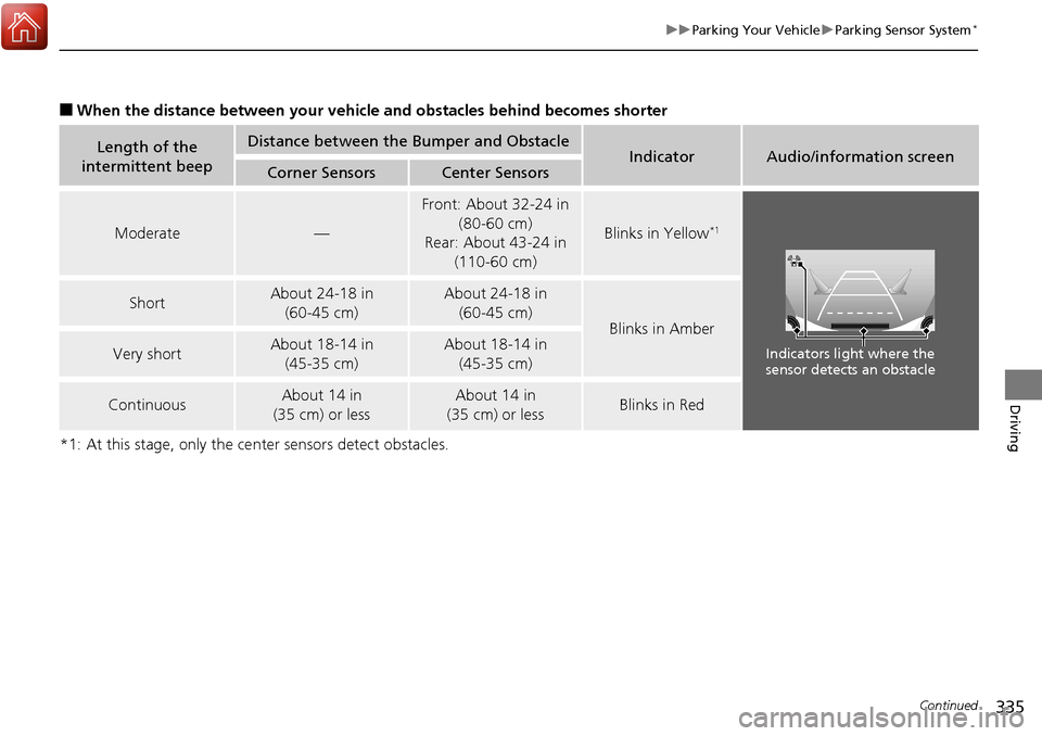 Acura RDX 2018  Owners Manual 335
uuParking Your Vehicle uParking Sensor System*
Continued
Driving
■When the distance between your vehicle and obstacles behind becomes shorter
*1: At this stage, only the ce nter sensors detect o